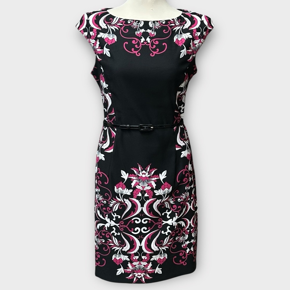 London Times Sheath Dress Size 10 Black Baroque Pencil Cap Sleeve Belted Stretch